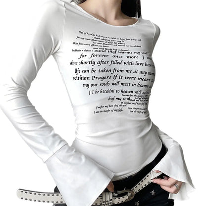 New y2k sleeve slit letter print diagonal hem personalized top, spicy girl street slimming versatile, slimming and casual long s