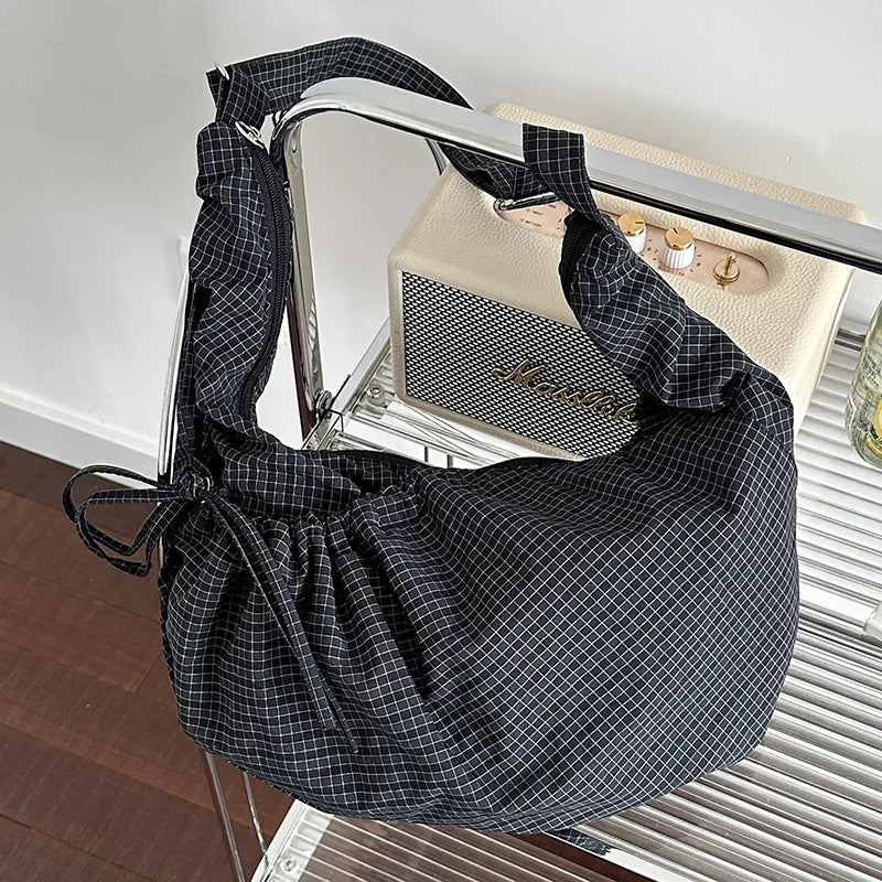 Retro Plaid Hobos Messenger Bags for Women Drawstring Pocket Nylon Dumpling Bag Large Capacity Portable Travel Shoulder Bags