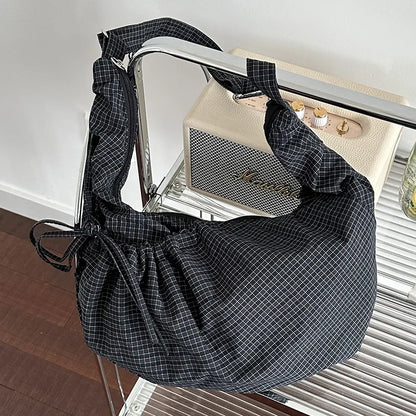 Retro Plaid Hobos Messenger Bags for Women Drawstring Pocket Nylon Dumpling Bag Large Capacity Portable Travel Shoulder Bags