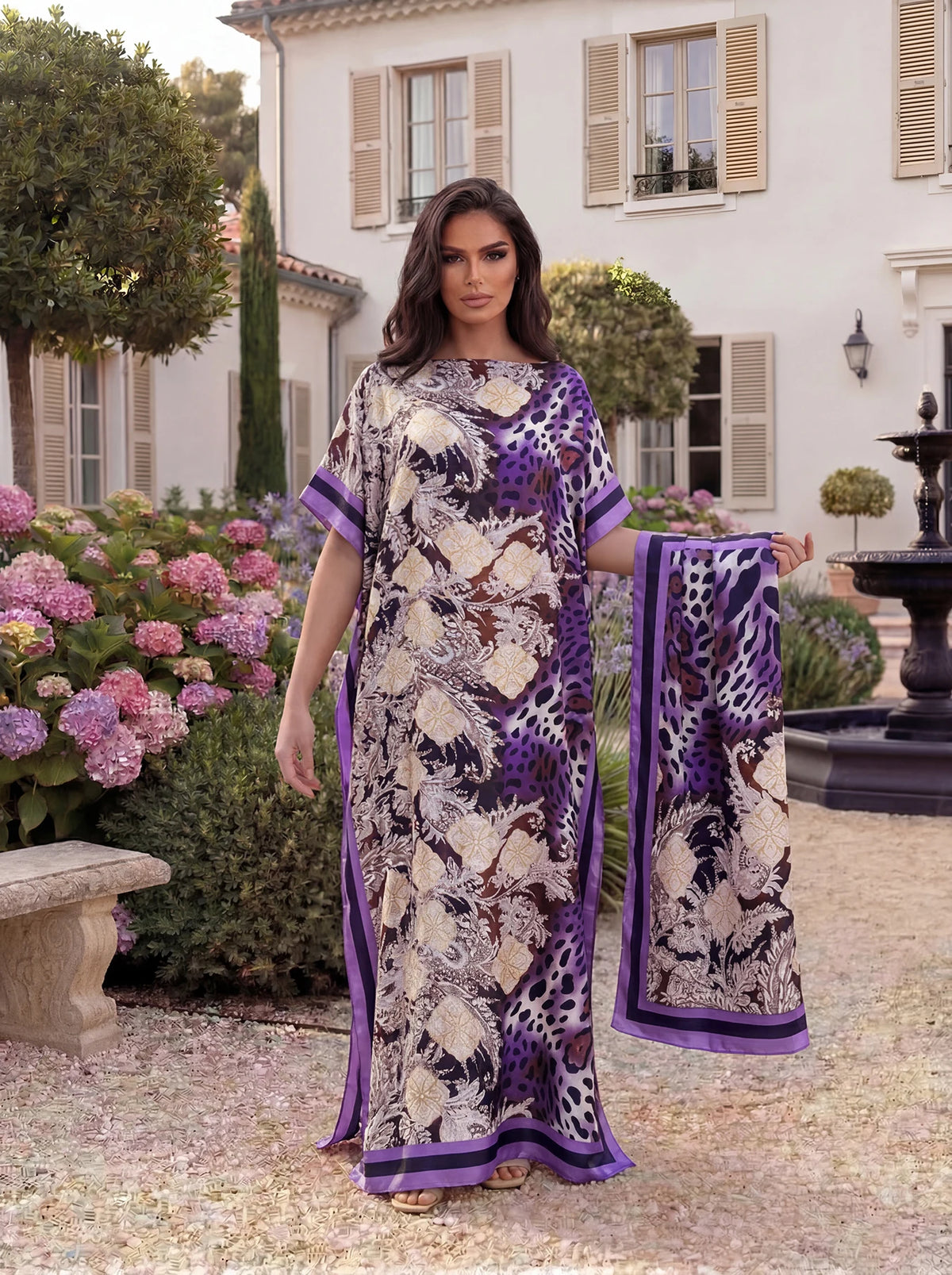 Boho Horse Leopard Geometric Print Satin Abaya Scarf Set, Loose Batwing Maxi Kaftan For Muslim Women Summer Beach Daily Wear