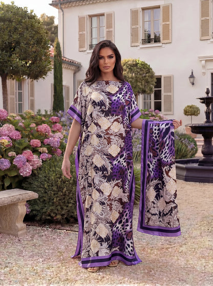 Boho Horse Leopard Geometric Print Satin Abaya Scarf Set, Loose Batwing Maxi Kaftan For Muslim Women Summer Beach Daily Wear
