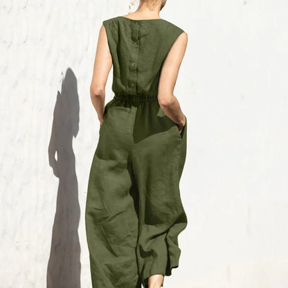 Cotton And Linen Jumpsuit Women Solid Color Sleeveless Pocket High Waist Wide Legs Jumpsuits Casual Commuting Ladies Bodysuits