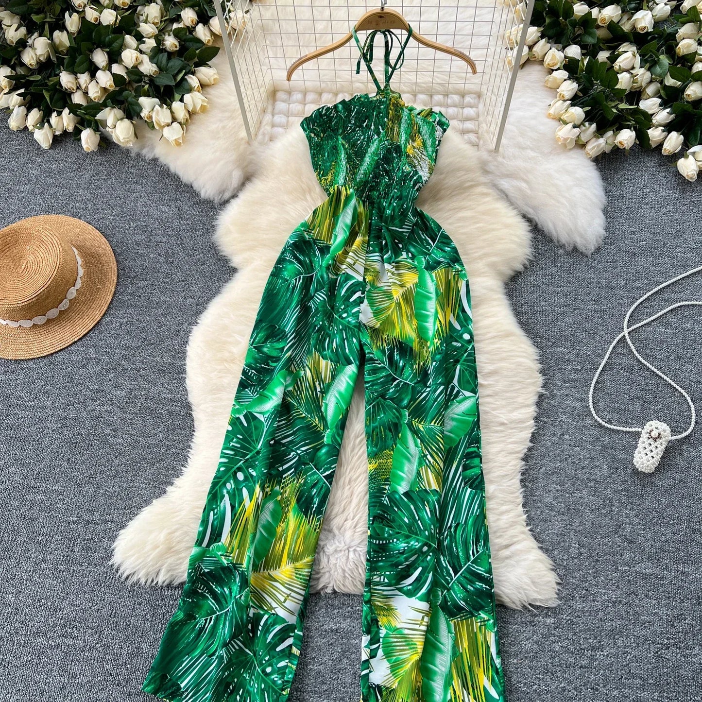 2024 New Summer Sexy Bohemian Leaf Print Jumpsuits Women Sleeveless Sexy Long Jumpsuit Mujer Casual Holiday Beach Rompers