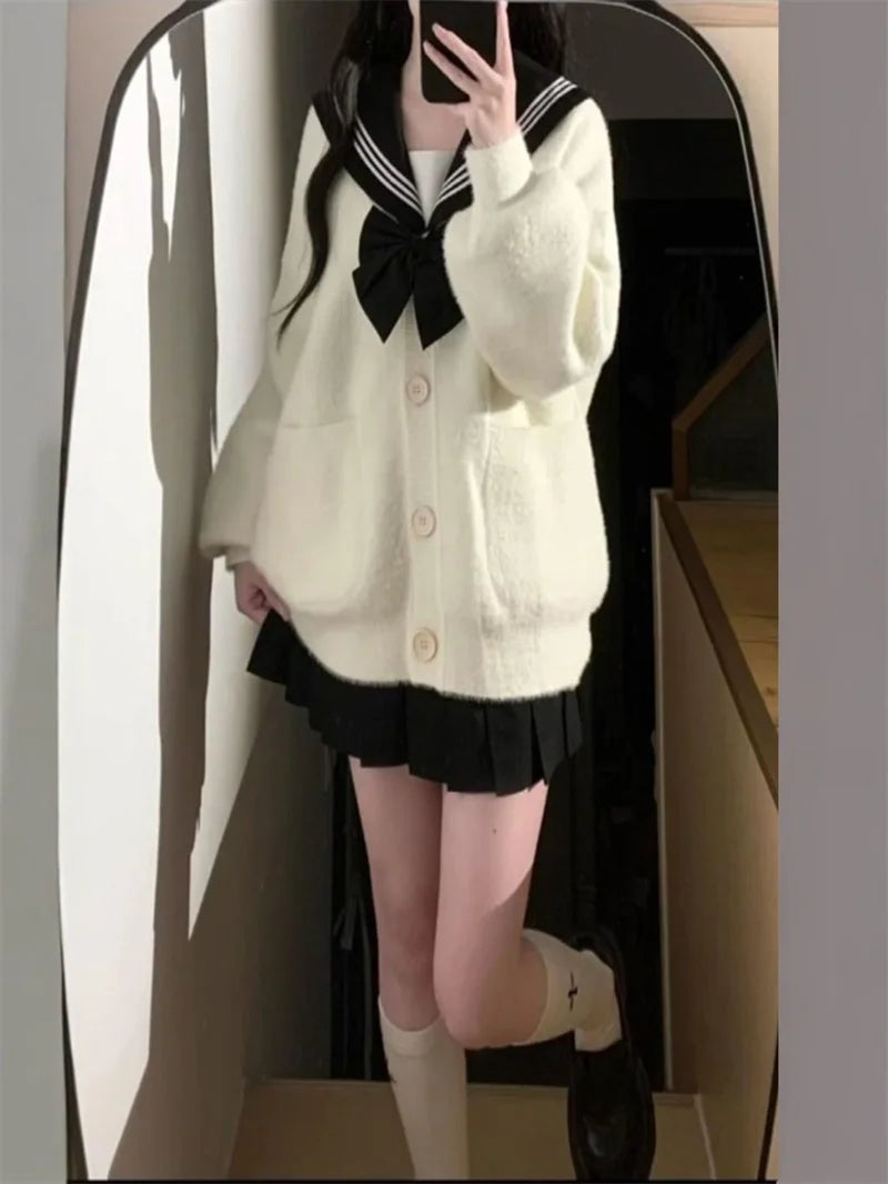 2025 New Japanese College Style Casual Loose Fitting Mink Fur Cardigan Jacket JK Trendy Skirt
