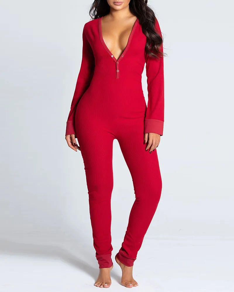 Sexy Pyjama Women's Long Sleeves Homewear Suit Button-Down Front Back Butt Bum Open Ass Flap Jumpsuit Loungewear Christmas Print