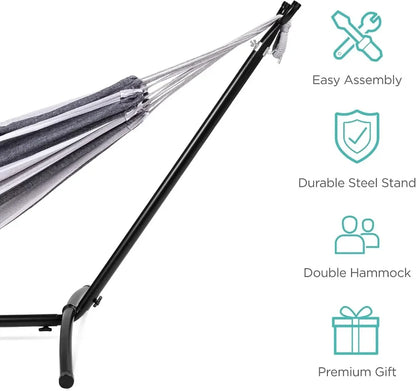 Double Hammock with Steel Stand, 2-Person, 450lbs, Cotton, Indoor Outdoor, Portable