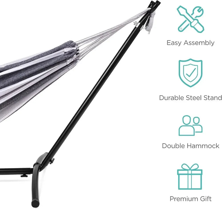 Double Hammock with Steel Stand, 2-Person, 450lbs, Cotton, Indoor Outdoor, Portable