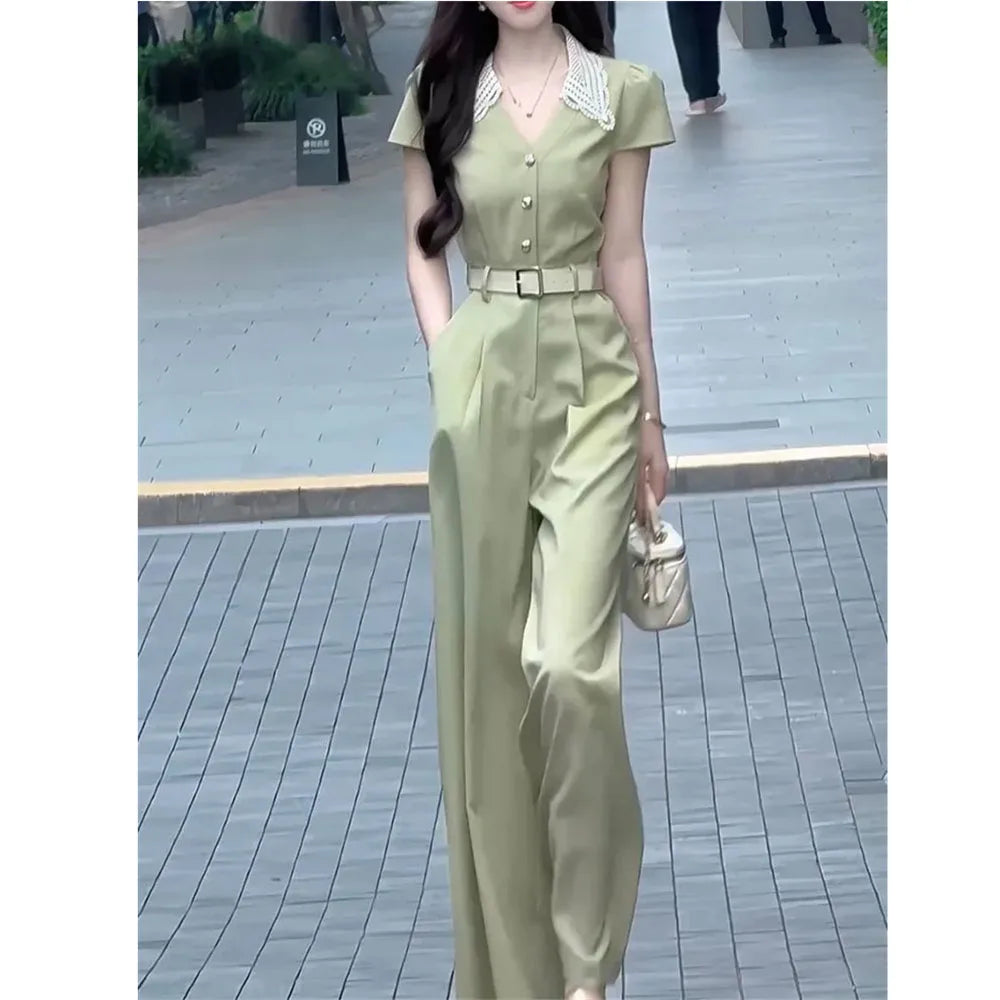 Long Women's Rompers Lazy Style Slimming Short Sleeved Jumpsuit For Women 2024 Summer New Fashion French V-neck Versatile trend