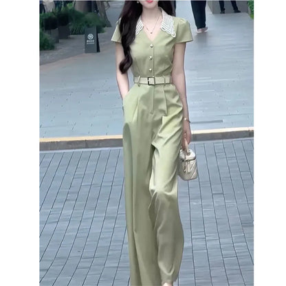Long Women's Rompers Lazy Style Slimming Short Sleeved Jumpsuit For Women 2024 Summer New Fashion French V-neck Versatile trend
