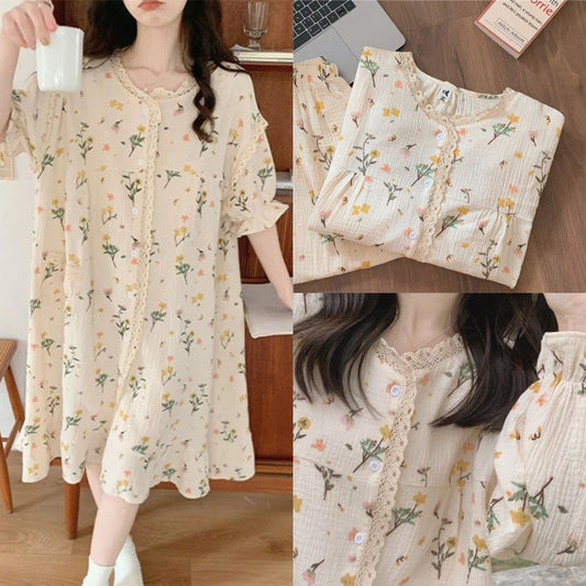Girl Pajamas Sweet Cute Little Bouquet Printed Bubble Cotton Nightgown Lace Loungewear Princess Wind Women Homewear Dress