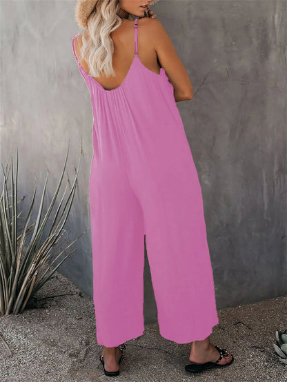 Strap jumpsuit for women's summer new cross-border solid color inserted bag casual jumpsuit
