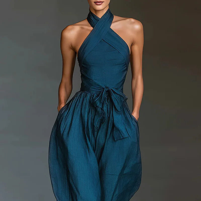 Chic Sexy Ciss Cross Halter Backless Jumpsuit Woman Spring Elegant Solid Tie Waist Romper Summer Hollow Wide Leg Pocket Overalls