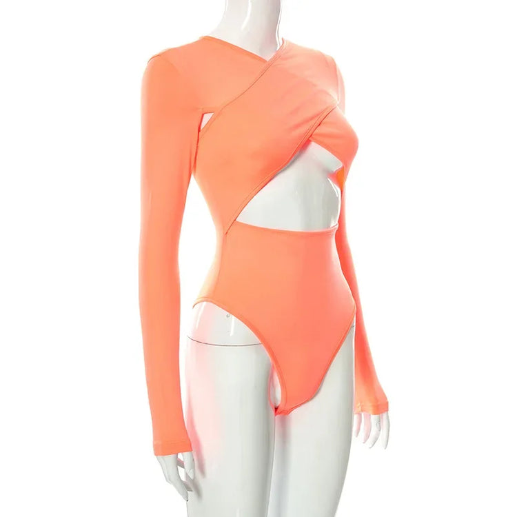 Summer New Women's Jumpsuit Solid Color Cross Hollow Long Sleeve Revealed Waist Slimming Smooths Your Silhouette