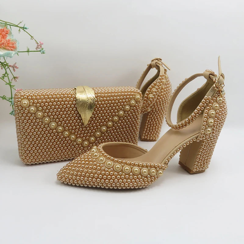 Champagne Pearl Wedding Bridal Shoes Woman Fashion Thin Heel Party Dress Shoe Lace-up Pointed Toe High Handmade Ankle Strap Shoe