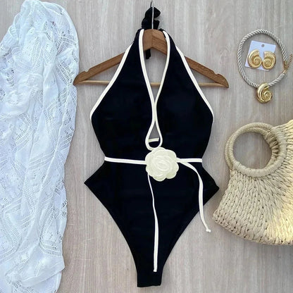 Floral One Piece Swimsuit New Halter Bandage Swimwear Women Swimsuit Bathing Suit Beachwear Monokini Female Swimming Suits