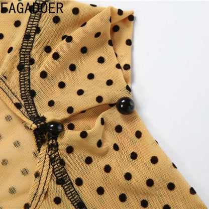 FAGADOER Khaki Polka Dot Bodycon Shorts Romper Women Stand Collar Back Hollow Out Skinny Jumpsuits Mesh See Through Playsuit
