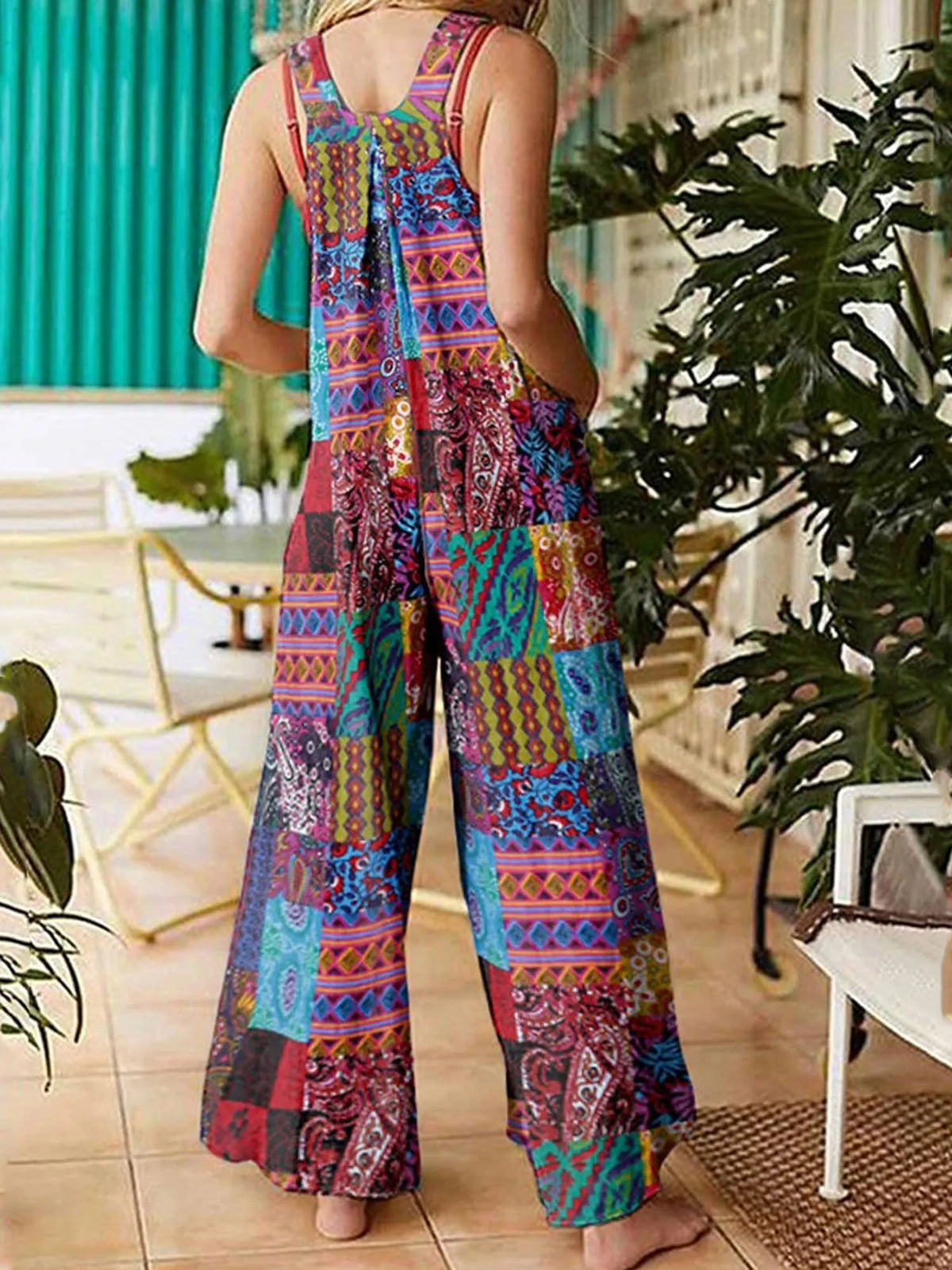 Captivating New Women Summer Overalls, Multicolor Ethnic Style Square Neck Sleeveless Casual Jumpsuit with Pockets for Girls