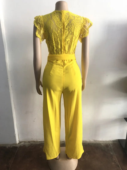 Women's Jumpsuit Elegant Lace V Neck Short Sleeve High Waisted Wide Leg Rompers Sports Fitness Party Banquet Jumpsuites Sexy Y2K
