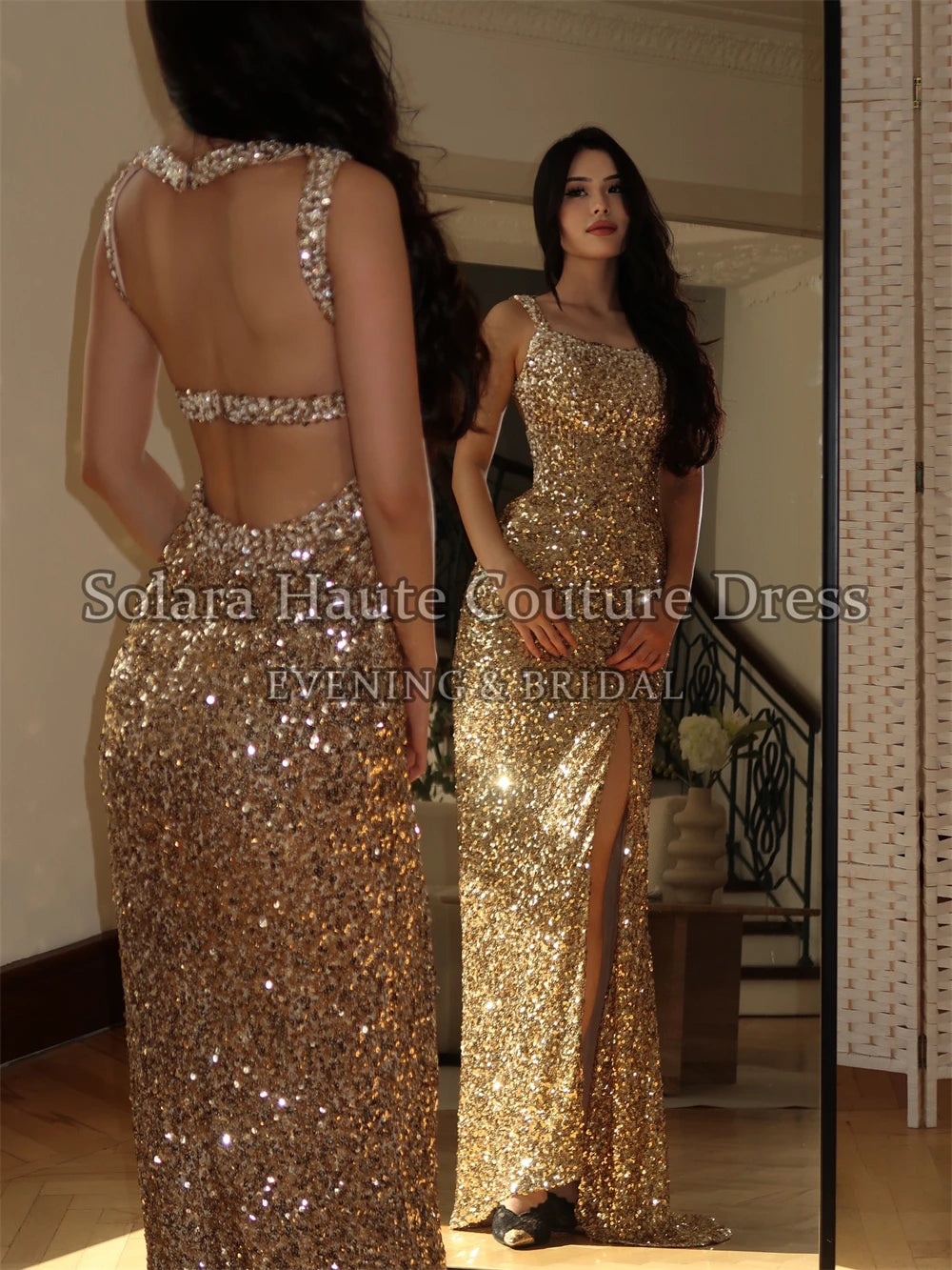 Solara Customized Sparkly Sequins Backless Evening Dresses Sleeveless Straight Floor-Length Prom Party Gowns for Women 2026