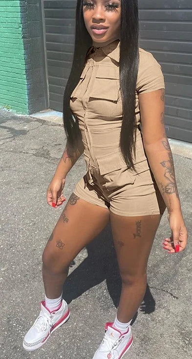 Red Jumpsuit for Woman Short Zipper V Turn Down Short Sleeve Overall Jumpsuit Shorts Casual Pockets Bodycon Rompers 2XL