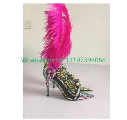 Lady fur sexy black feather design lace up high heels open toe T show sandals solid elegant pumps banquet footwear party shoes
