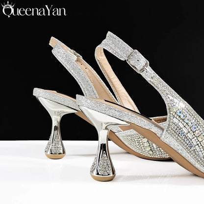 Queena Yan Nigerian Heel Party for Women Silver Color Shoes and Bag Set Rhinestone Handbag Italian Design Wedding INS 2025