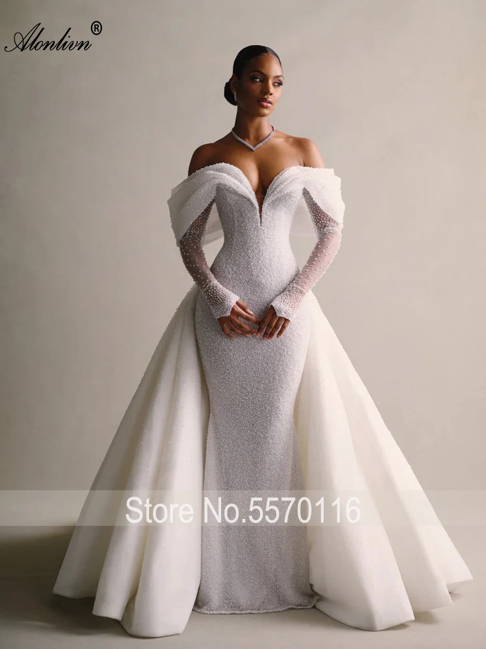 Alonlivn Custom Made Shiny Beading Pearls Mermaid Wedding Dresses Off-the-Shoulder Sleeves Removable Train 2 In 1 Bride Gowns