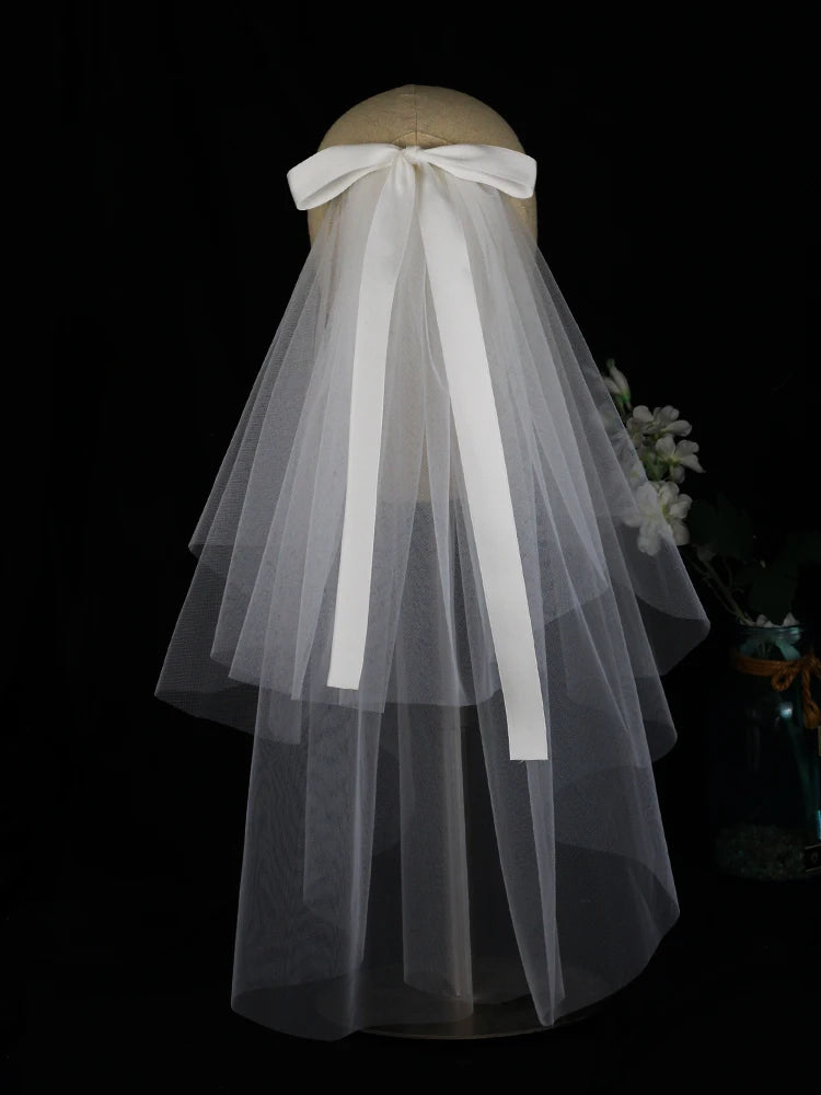 LA003 Bridal Veil Two-Layer Plain Tulle Satin Bow Handmade White Short Headdress Veil for Wedding Dress