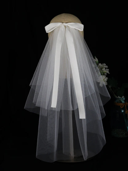 LA003 Bridal Veil Two-Layer Plain Tulle Satin Bow Handmade White Short Headdress Veil for Wedding Dress