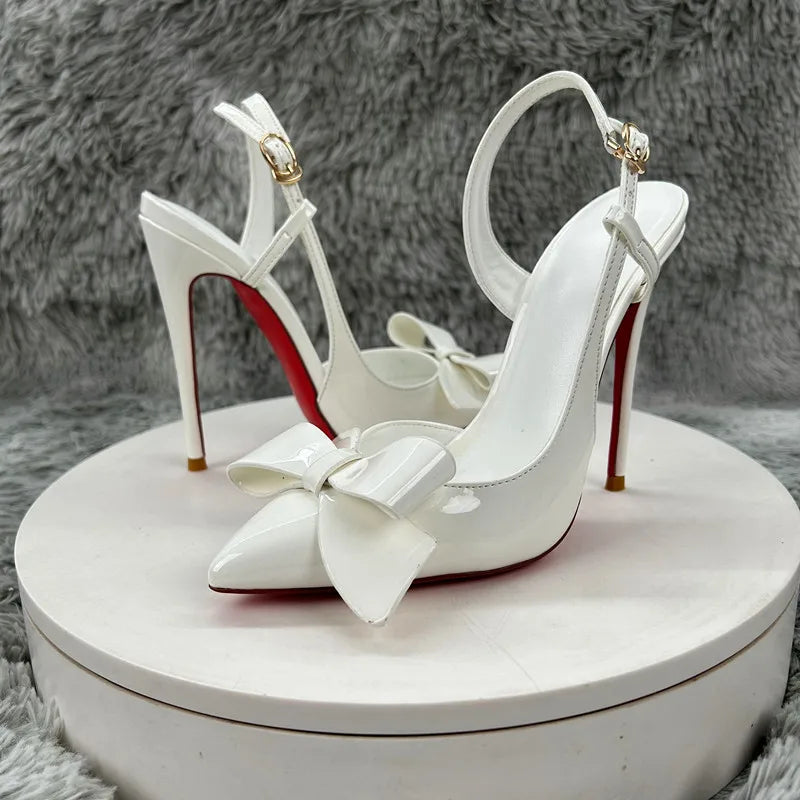 New white bow high-heeled shoes with women's patent leather pointed and slender heels, sexy and elegant, perfect for commuting