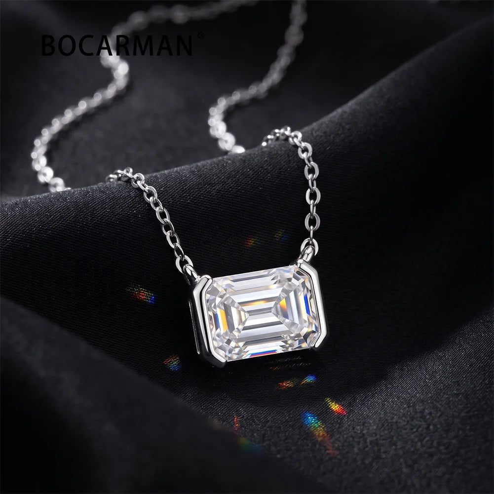 Bocarman S925 Sterling Silver with 14K Gold Plating Emerald Cut Moissanite Pendant D Color GRA VVS1 Step Cut Brilliance Refined