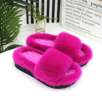 2026 Women Real Mink Fur Slippers Indoor Outdoor Luxury Shoes For Women Comfort Platform Fluffy Slipper Slides For Woman Summer