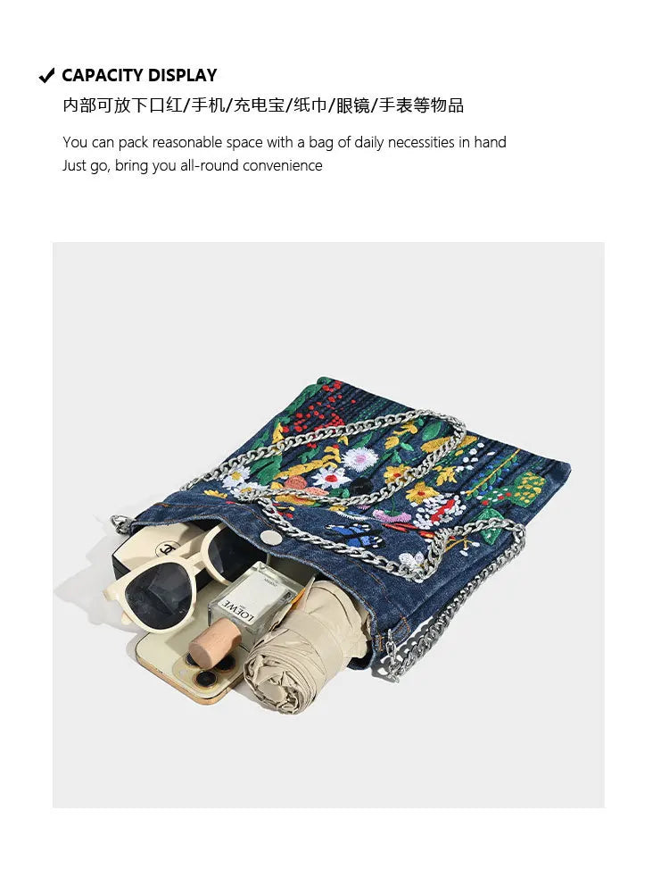 Embroidered Flowers Women Cowboy Shoulder Bag Fashion Chain Ladies Messenger Bags Denim Handbag Personality Trend Student Bag