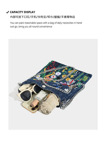 Embroidered Flowers Women Cowboy Shoulder Bag Fashion Chain Ladies Messenger Bags Denim Handbag Personality Trend Student Bag