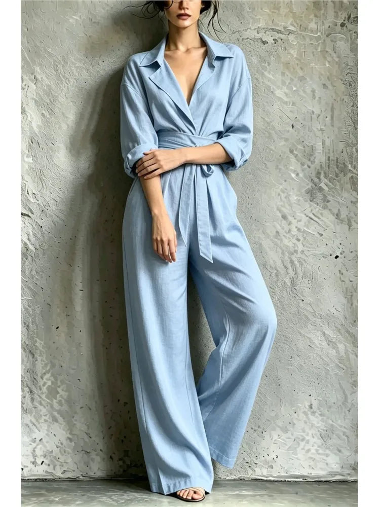 Fashion Lapel Shirt Long Sleeve Women's Jumpsuit Autumn Slim Waist Tie Loose Wide Leg Pants Pocket Female Office Rompers 2026