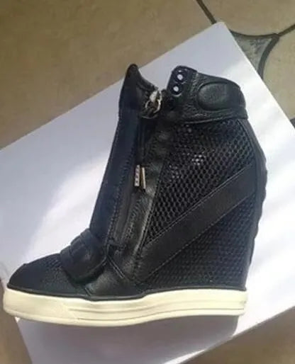 Mesh Net Height Increasing Ankle Boot 8CM Round Toe Hook Loop Leisure Shoes Zipper Rubber Sole Wedge Shoes Black White