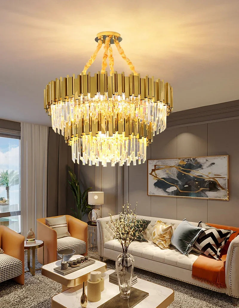 Gold K9 Crystal Tricolor Chandelier Luxury Modern LED Ceiling Light for Living Room Dining Room Bedroom Ceiling Lights