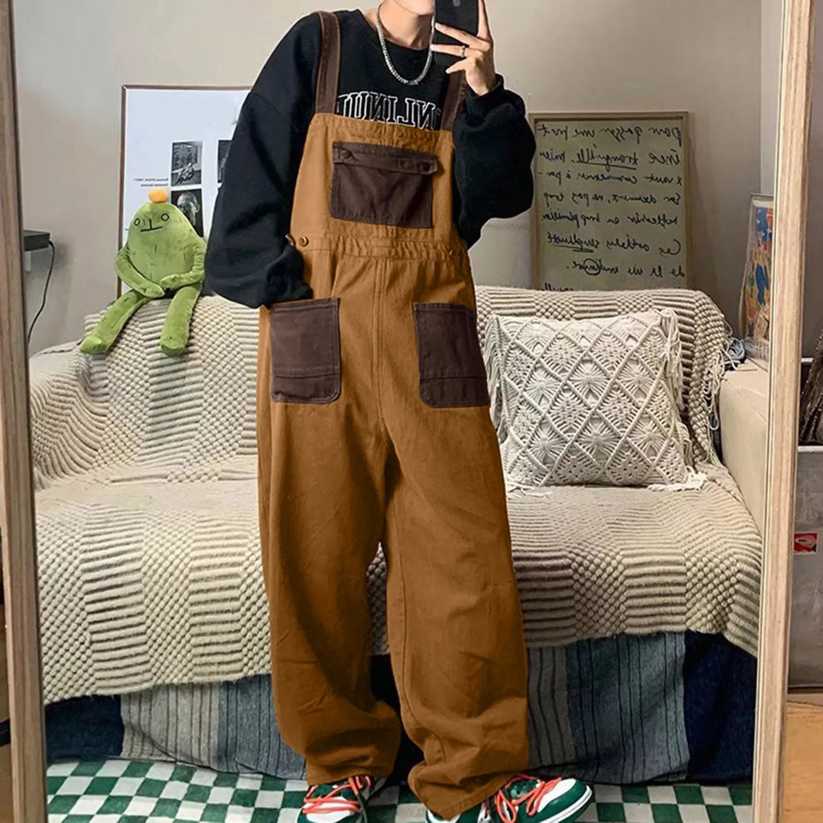 Couples American Retro Khaki Work Overalls Japanese-Style Loose-Fit Unisex Straight-Leg Pants for Men On Both Sides Cargo Pants