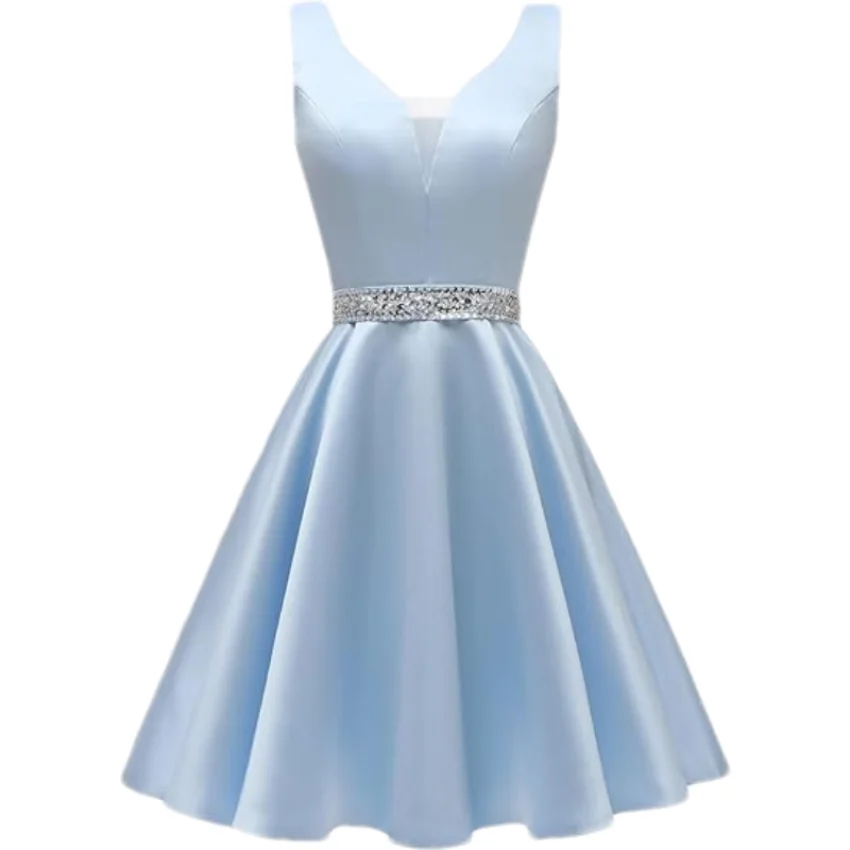 Customized Simple Satin Homecoming Dresses for Teens Short Prom Dress V-Neck Beaded Belts Evening Formal Cocktail Party Gowns