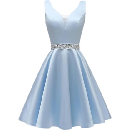 Customized Simple Satin Homecoming Dresses for Teens Short Prom Dress V-Neck Beaded Belts Evening Formal Cocktail Party Gowns