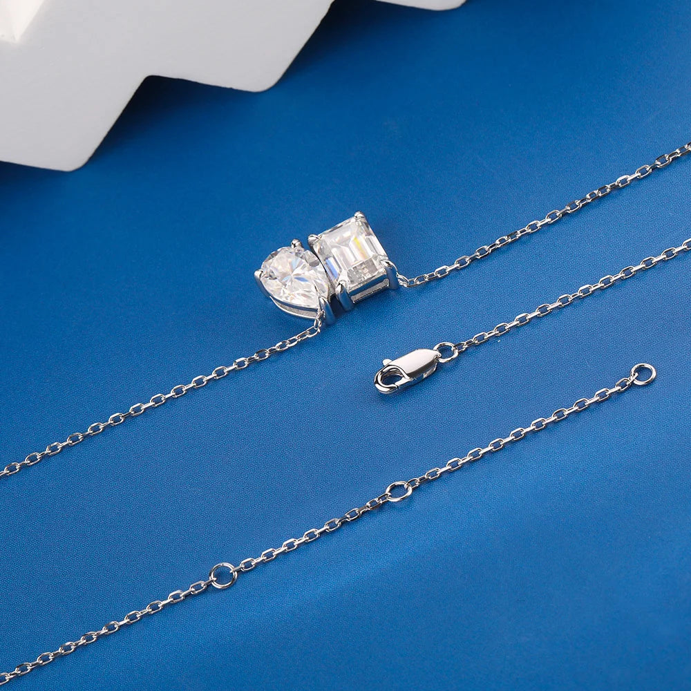 925 Sterling Silver Two Stone Toi Et Moi Necklace 2/5cttw Radiant Emerald Pear Cut Moissanite Pendant Necklace Fine Jewelry Gift