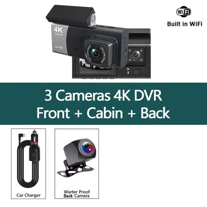 3 Channel 4K 2160P Dash Cam Car Front Inside And Rear WiFi Car Camera With APP Control Night Vision 24H Parking Mode Dashcam