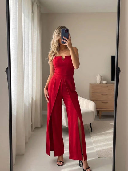 Commute Sling Jumpsuits Women Square Neck High Waist Split Solid Jumpsuit Female 2026 Summer New Fashion Soft Streetwears Lady