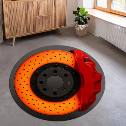 Brake Disc Round Carpet Hot Wheels Racing Decor Car Enthusiast Rug Red Caliper Auto Garage Floor Mat Sporty Home Rug