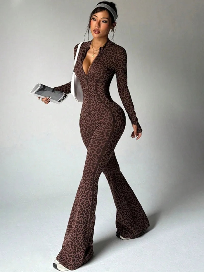 Women Leopard Print Fitness Jumpsuits Long Sleeve Zip-up Gym Sporty Overalls Female One Piece Flare Pants Running Yoga Tracksuit