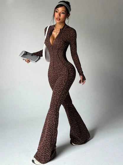 Women Leopard Print Fitness Jumpsuits Long Sleeve Zip-up Gym Sporty Overalls Female One Piece Flare Pants Running Yoga Tracksuit