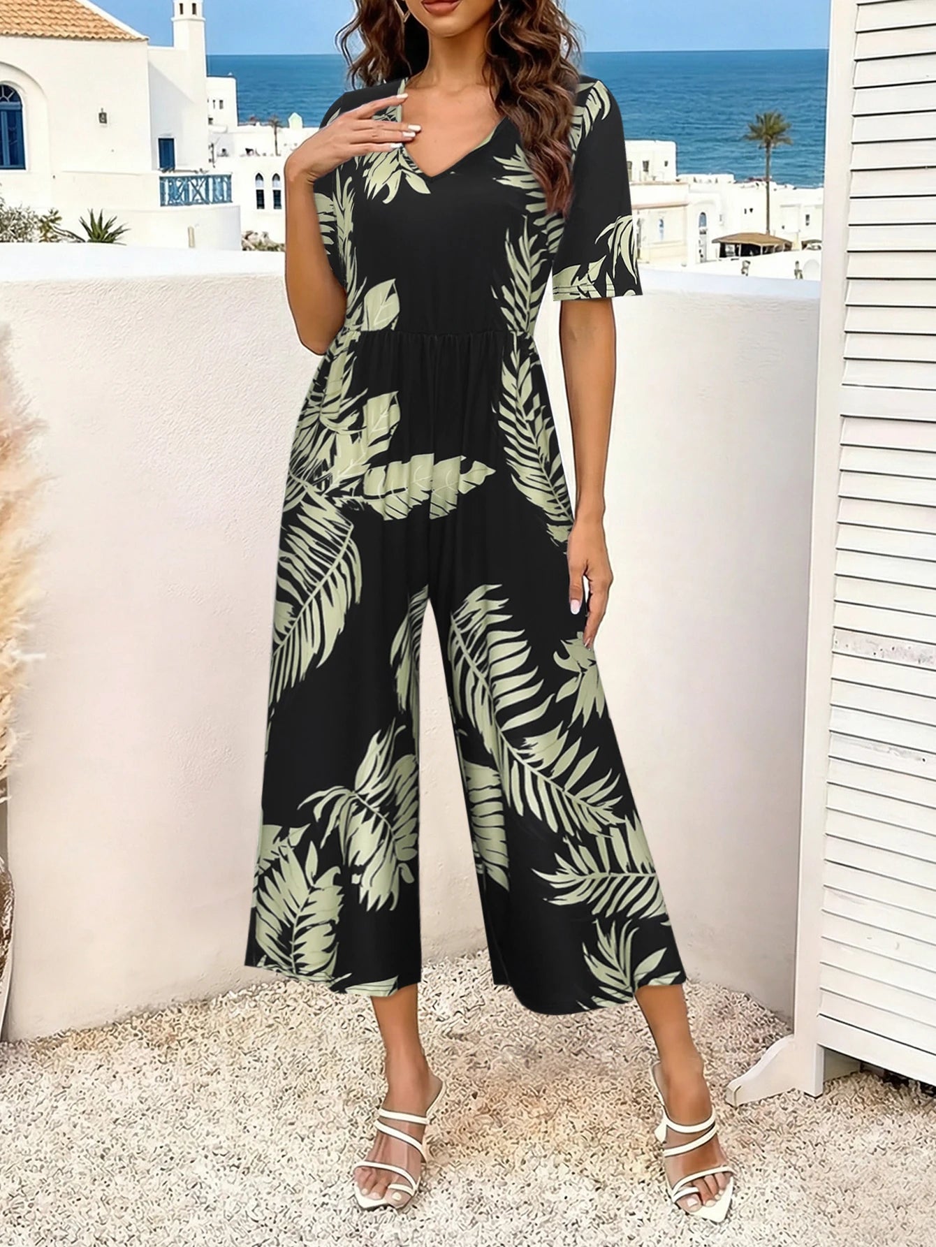 Women's Tropical Leaf Print Short Sleeve Jumpsuit, Summer Casual V Neck Elastic Waist Wide Leg Romper With Side Pockets