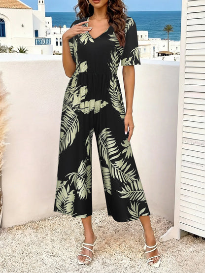 Women's Tropical Leaf Print Short Sleeve Jumpsuit, Summer Casual V Neck Elastic Waist Wide Leg Romper With Side Pockets