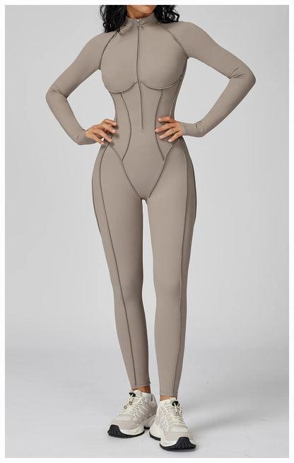 Sexy Rompers Workout Zipper Jumpsuit Long Sleeves Sports Bodysuits Women Gym Running Fitness Suits Gym Tracksuit Sportswear