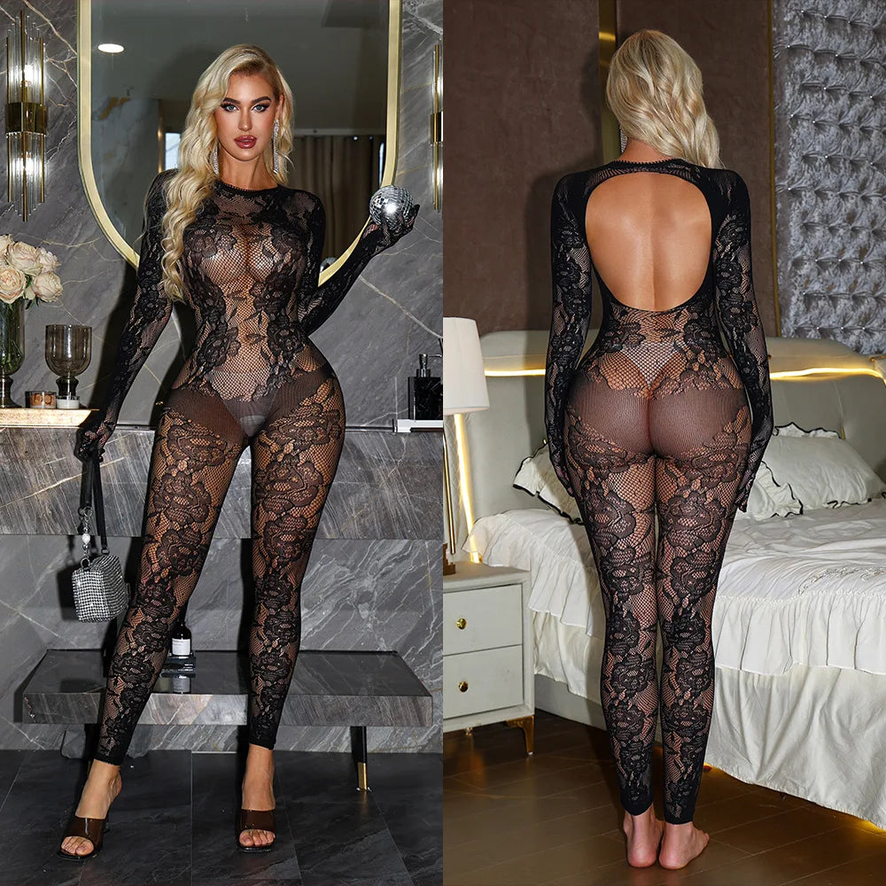 Sexy Long Sleeve Bodysuit Women Red Floral Lace See Through Backless Sheer Mesh Jumpsuit Slim Bodycon Lingerie Exotic Apparel